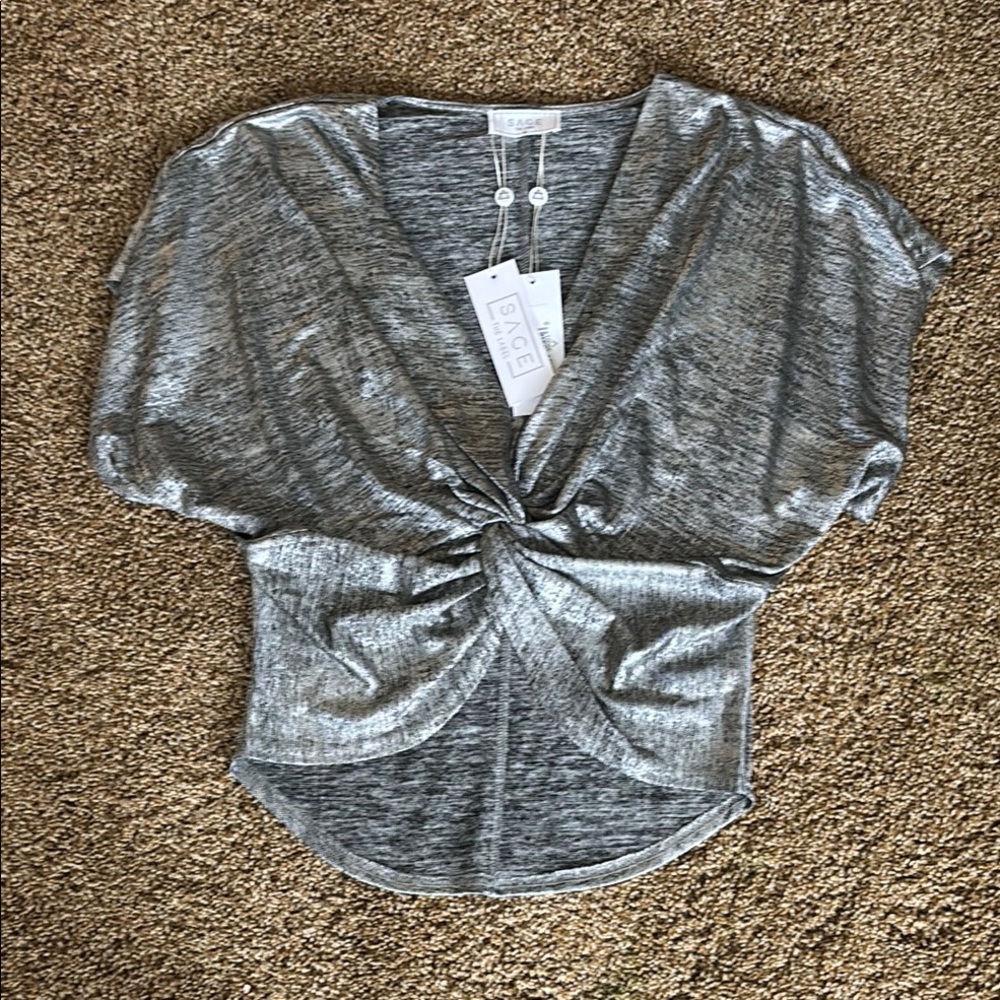 Sage Silver Space Die Tie Front Relaxed Blouse